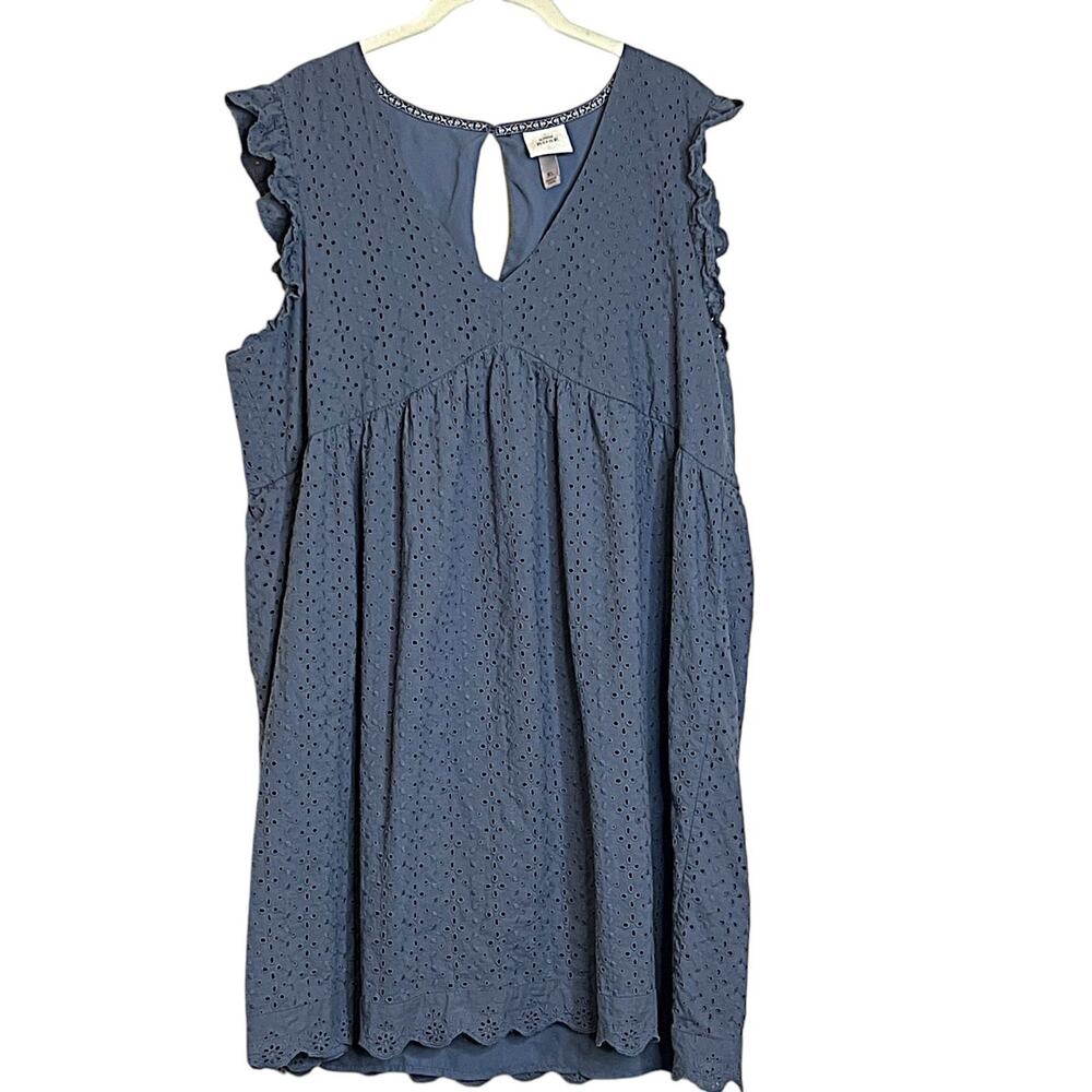 Knox Rose Eyelet Dress XL Blue Ruffle Sleeve Boho Knee Length 100% Cotton